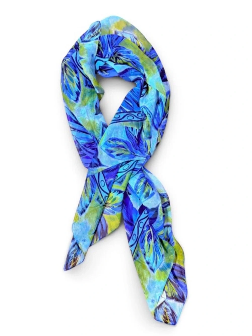 Vintage 1990’s Abstract Floral Scarf in Blue Tones, 34.5” Square, made in Italy